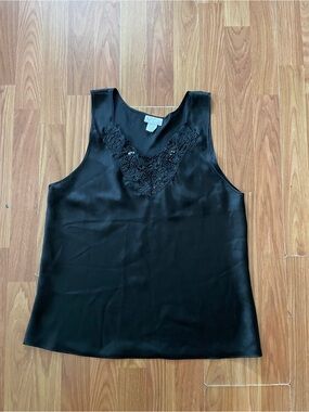 Vintage Cinema Etoile Black Satin Tank Top with Beaded Lace Yoke Size Large
